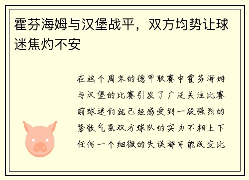 霍芬海姆与汉堡战平，双方均势让球迷焦灼不安